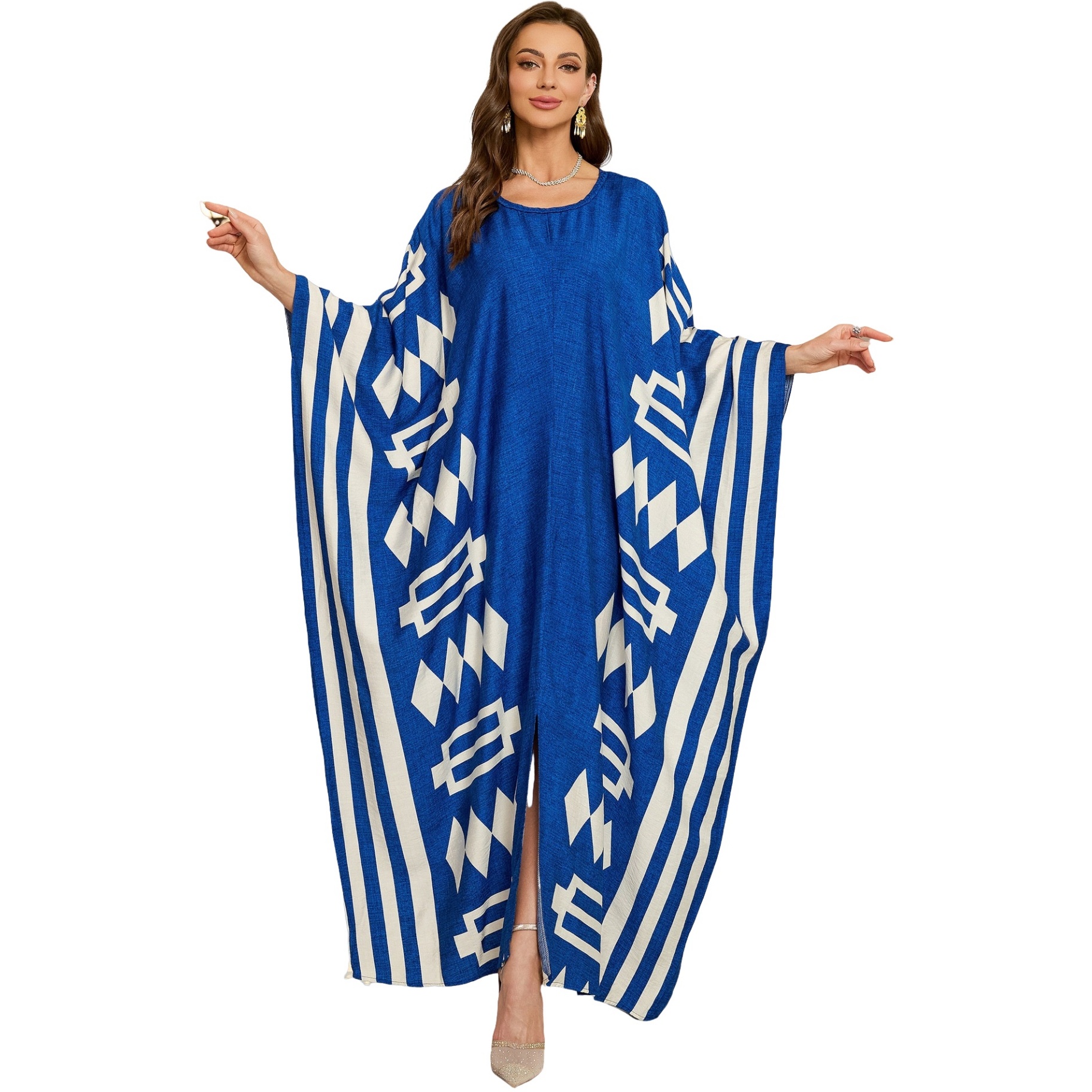 Geometric Pattern Kaftan Maxi Dress with Long Batwing Sleeves for Beach Cover Up